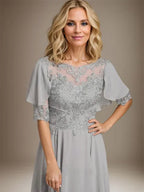 A-Linien Kleid mit Scoop-Ausschnitt, Illusion, asymmetrischem Chiffon und Spitzen, Mutter-der-Braut-Kleid mit Perlenbesatz