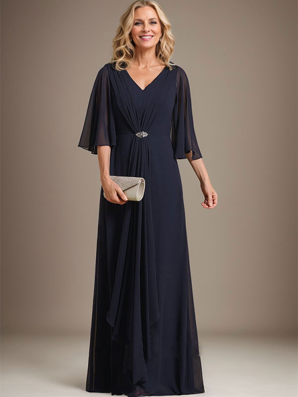 A-Linien V-Ausschnitt Bodenlanges Chiffon Kleid für die Brautmutter mit kaskadierenden Rüschen und Kristallbrosche