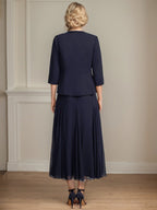 Vestido de mãe da noiva separado evasê, comprimento chá, de chiffon com decote redondo, paetês e bordados