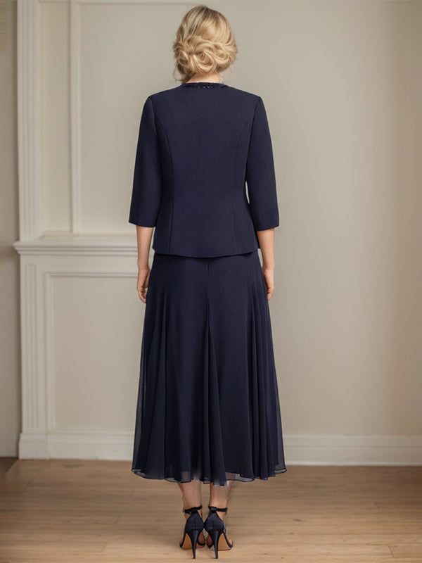 Vestido de mãe da noiva separado evasê, comprimento chá, de chiffon com decote redondo, paetês e bordados