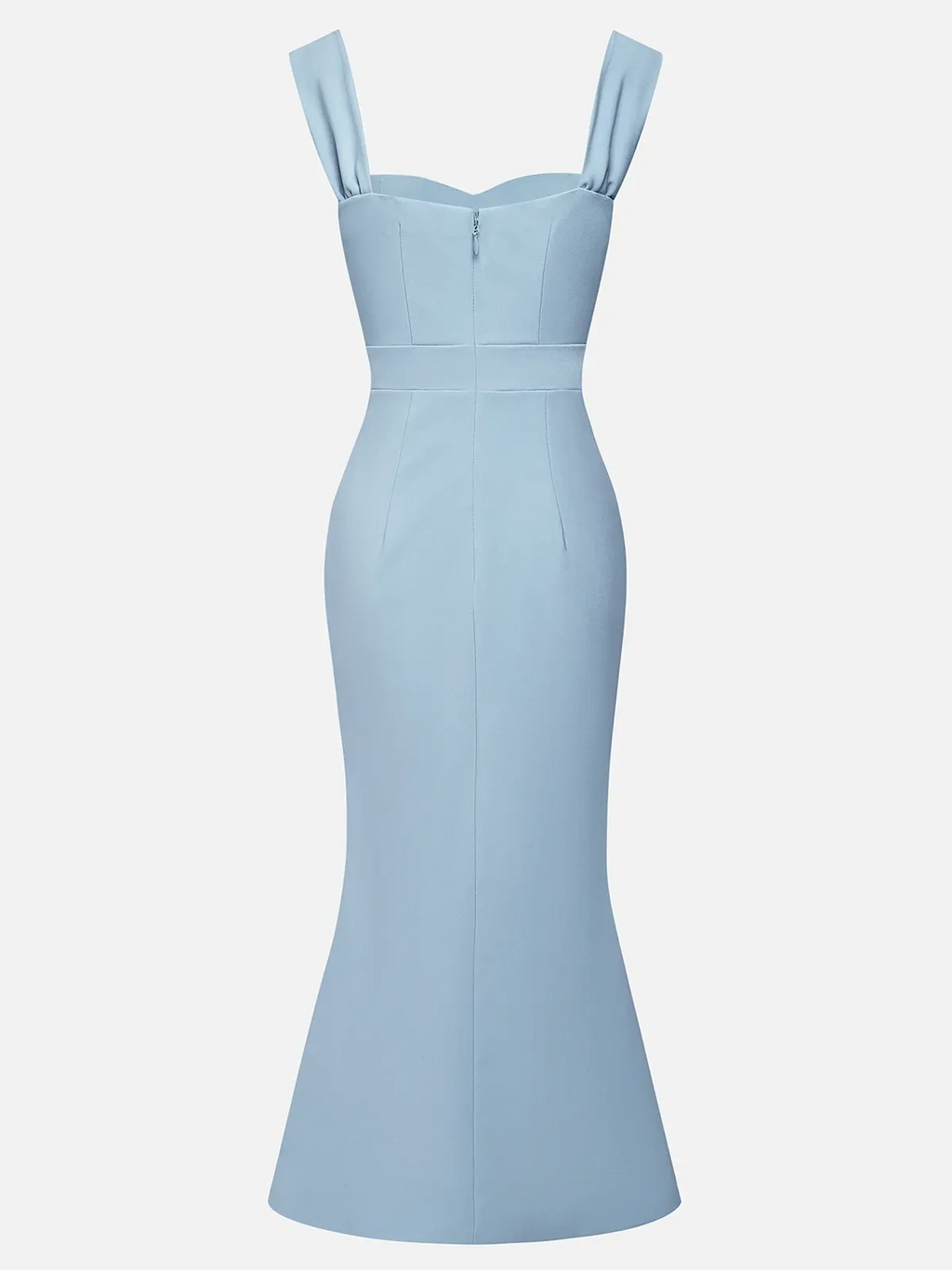 Vestido maxi sirena azul claro con lazo, encaje y escote corazón