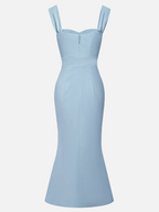 Vestido maxi sirena azul claro con lazo, encaje y escote corazón