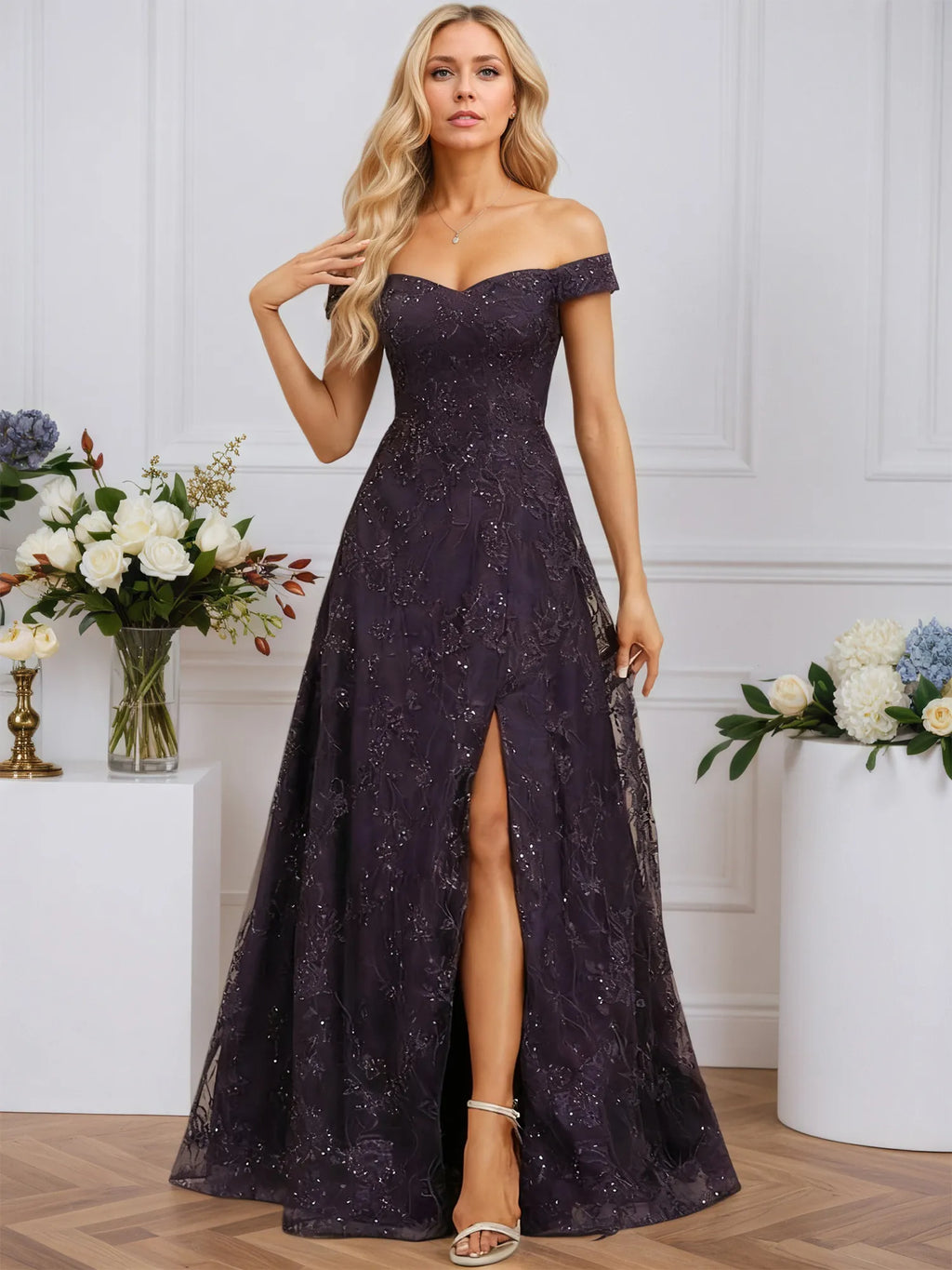 A-line Off the Shoulder Floor-Length Sequin Lace Evening Dress