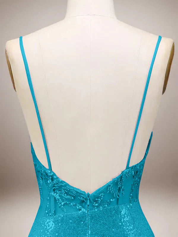 Robe de bal longue sirène verte à bretelles spaghetti scintillantes avec fente
