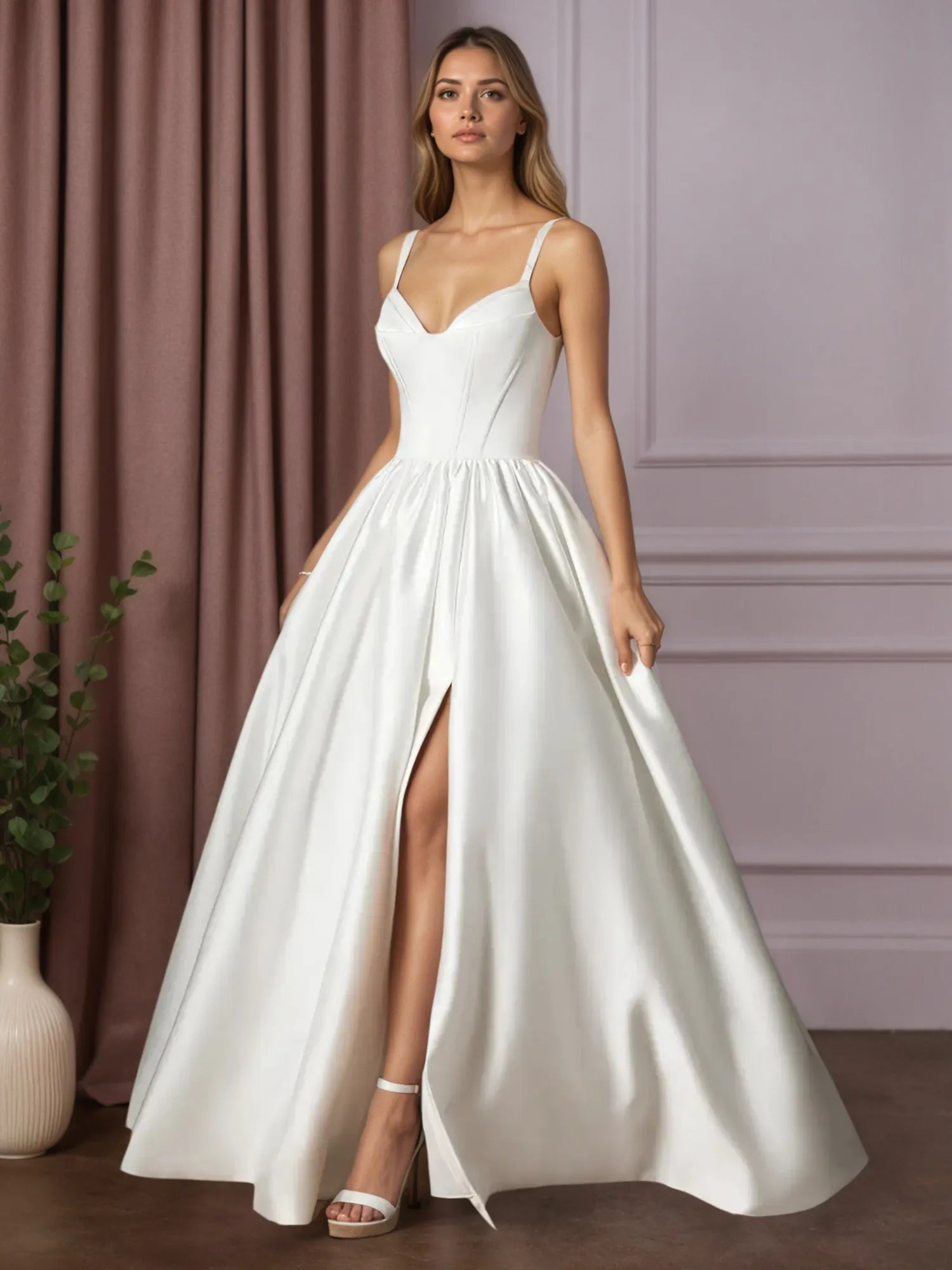 Abito da sposa bianco a gonna ampia con tasche in raso doppio