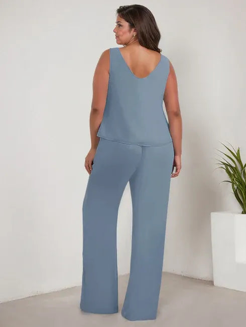 Chiffon Kleid mit Rundhalsausschnitt und langen Ärmeln, Mutter-der-Braut Hosenanzug mit Jacke