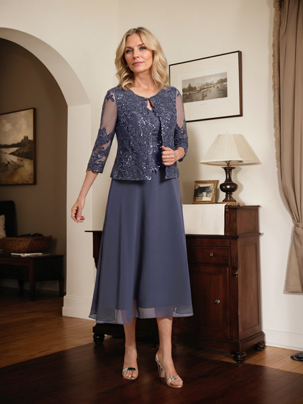 Vestido de mãe da noiva evasê, comprimento tea-length, em renda e chiffon com decote redondo e lantejoulas