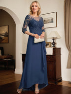 A-line Scoop Illusion Asymmetrical Lace Chiffon Mother of the Bride Dress With Sequins Cascading Ruffles