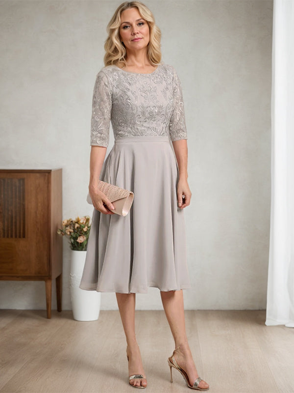 Robe mère de la mariée en ligne A, col rond, longueur genou, en dentelle et chiffon