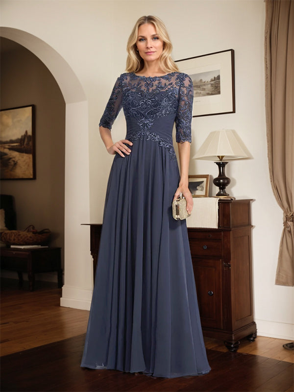 A-Linien Ausschnitt Illusions-Bodenlanges Chiffon-Spitzenkleid für die Mutter der Braut mit plissierten Pailletten