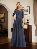 A-Linien Ausschnitt Illusions-Bodenlanges Chiffon-Spitzenkleid für die Mutter der Braut mit plissierten Pailletten