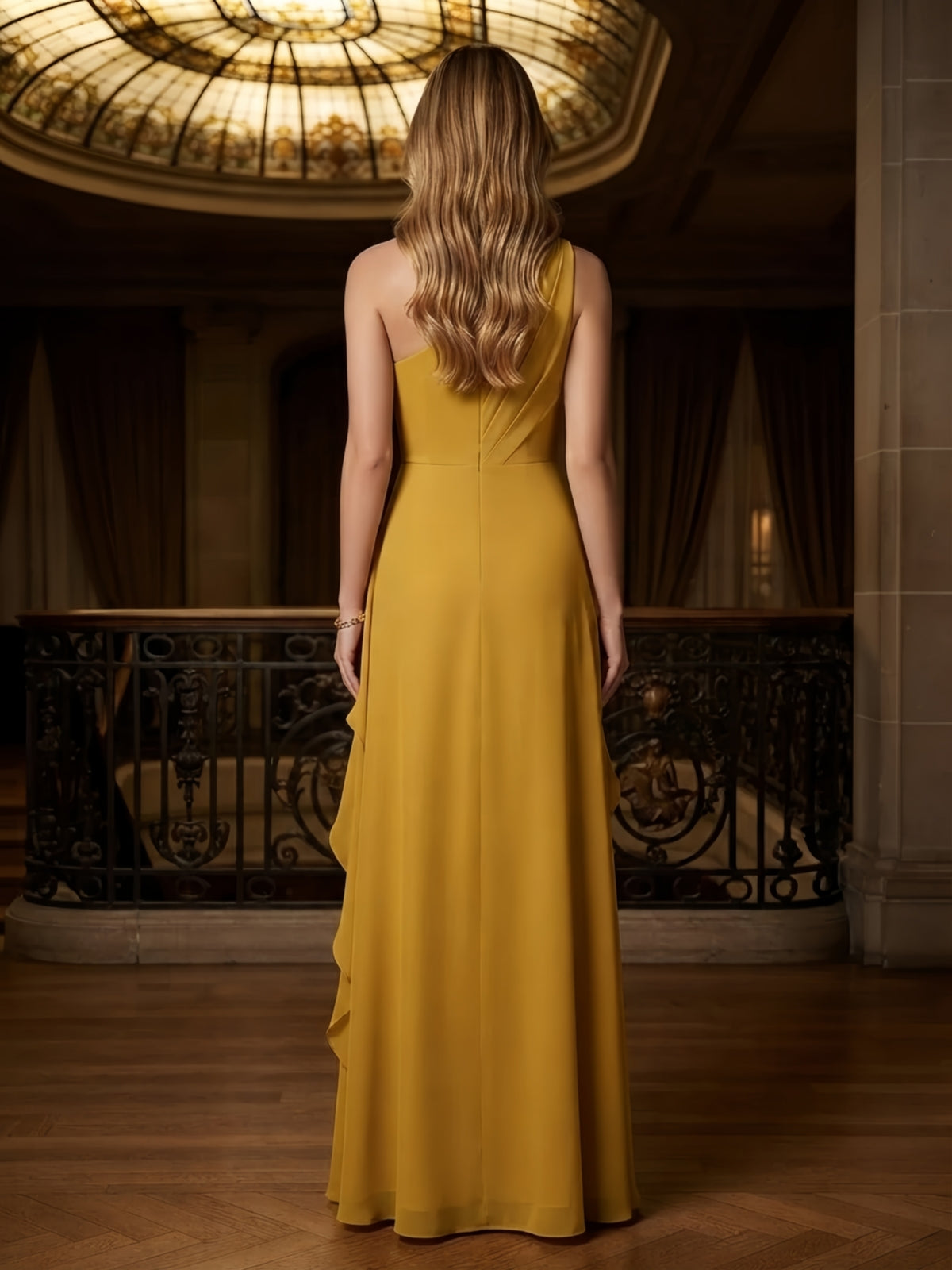 Mustard Yellow One-Shoulder Ruffled Chiffon Bridesmaid Dress