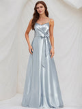 Ice Blue Satin A Line Spaghetti Straps Sleeveless Floor Length Bridesmaid Dress With Bow