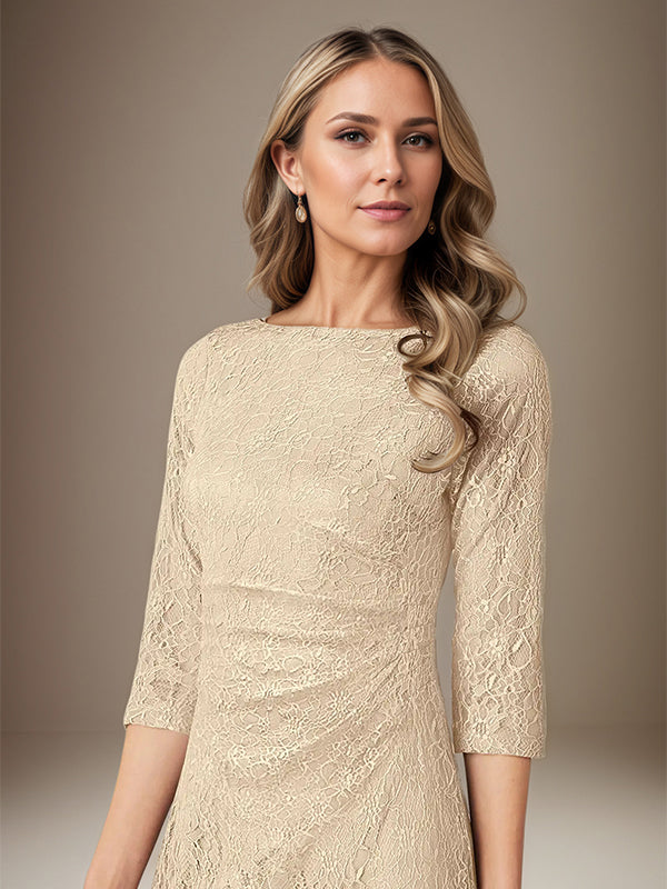 Robe fourreau champagne en dentelle col bateau manches 3/4 longueur genou avec fente
