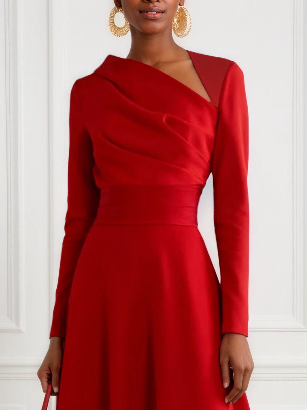 Robe midi classique rouge asymétrique à manches longues ligne A