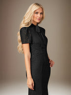 Black Chiffon Bow Tie Neckline Short Sleeves Floor Length Dress With Appliques