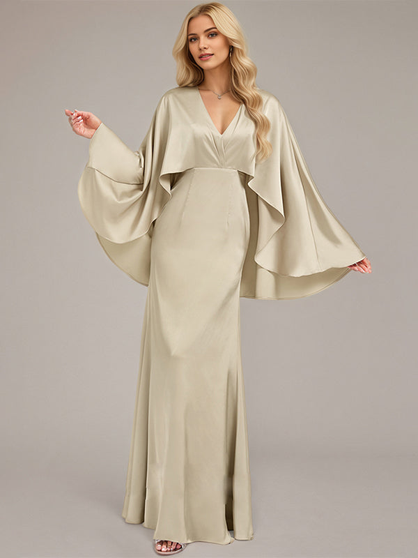 Sand A-Line V-Neck Floor-Length Satin Bridesmaid Dress