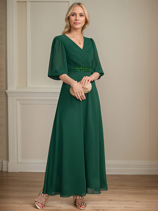 Vestido de madre de la novia en línea A, largo hasta el tobillo, de gasa con escote en V, lentejuelas plisadas y bordado