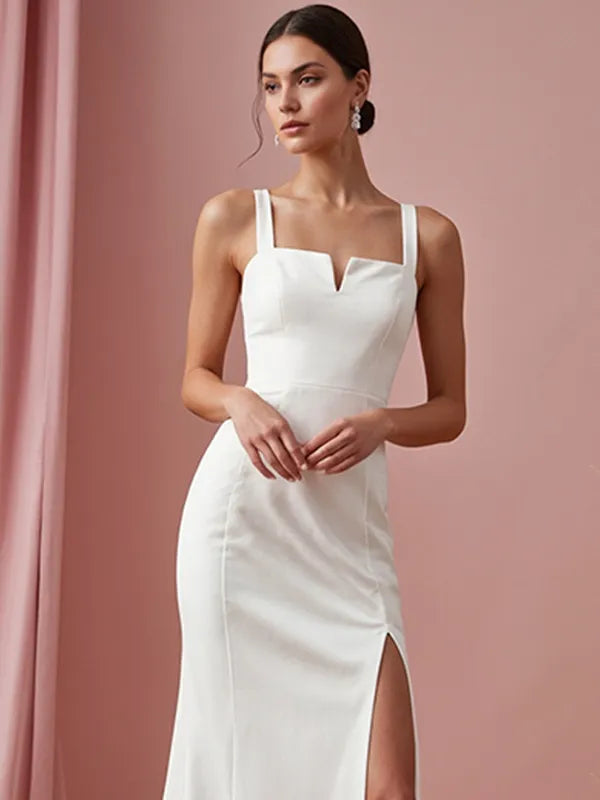 Evening Dress White V-neck Sleeveless High Slit