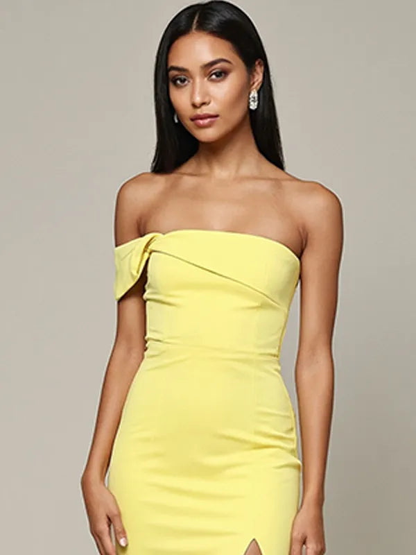 Evening Dress Yellow One Shoulder Pleated Slit Mid-length Dress