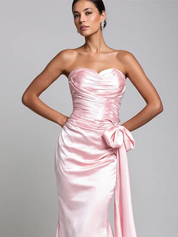 Evening Dress Pink Off-the-shoulder Bandeau Mermaid Side Bow