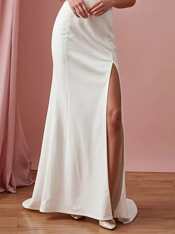 Evening Dress White V-neck Sleeveless High Slit