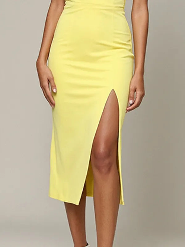 Evening Dress Yellow One Shoulder Pleated Slit Mid-length Dress