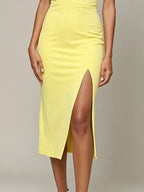 Evening Dress Yellow One Shoulder Pleated Slit Mid-length Dress