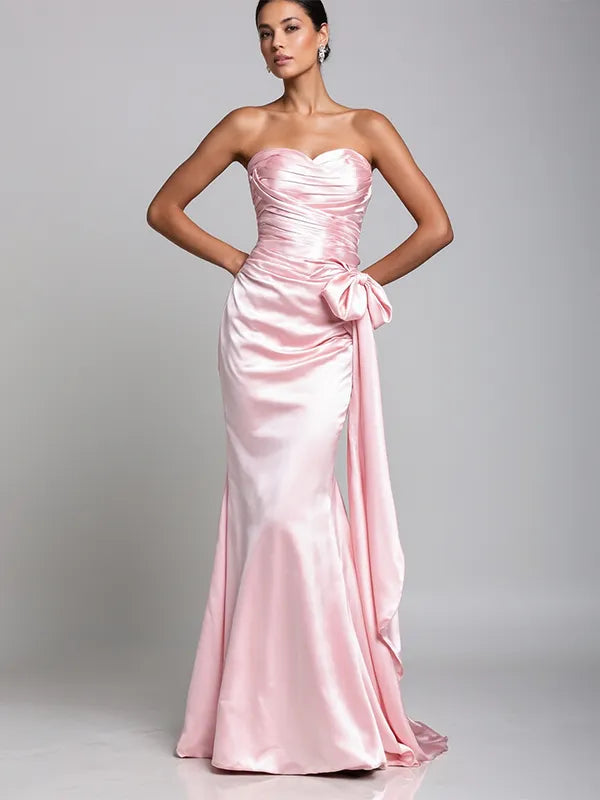 Evening Dress Pink Off-the-shoulder Bandeau Mermaid Side Bow