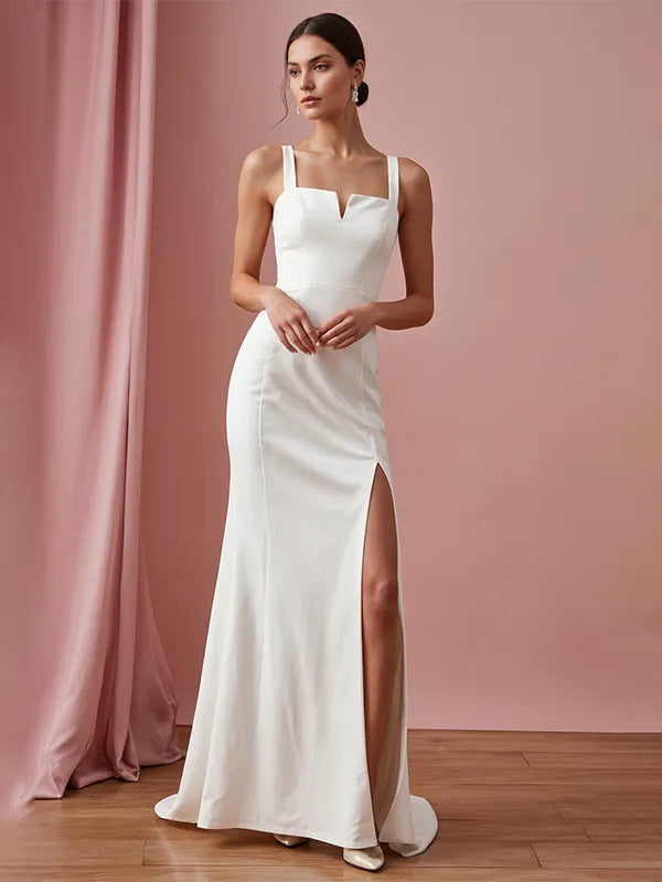 Evening Dress White V-neck Sleeveless High Slit