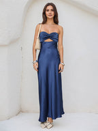 Royal Blue Satin Sweetheart Neckline Sleeveless Open Back Ankle Length Sheath Dress