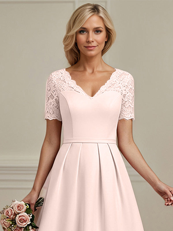 Vestido de madre de la novia rosa sonrojado línea A con escote en V y largo hasta el té de encaje y gasa