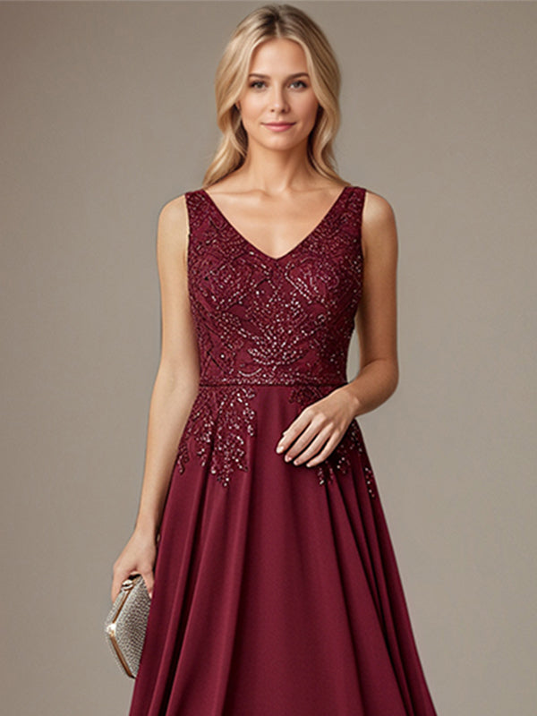 Bordeauxrotes A-Linien V-Ausschnitt Bodenlanges Spitzen-Chiffon Kleid für die Brautmutter