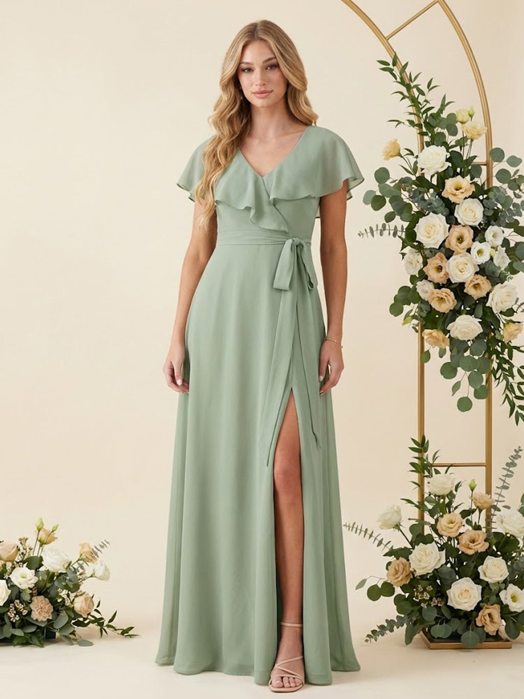 V Neck Ruffle Slit A Line Chiffon Long Bridesmaid Dresses with Belt