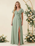 V Neck Ruffle Slit A Line Chiffon Long Bridesmaid Dresses with Belt