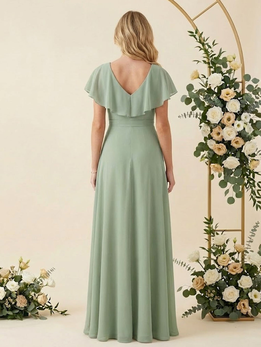 V Neck Ruffle Slit A Line Chiffon Long Bridesmaid Dresses with Belt