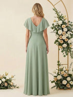 V Neck Ruffle Slit A Line Chiffon Long Bridesmaid Dresses with Belt
