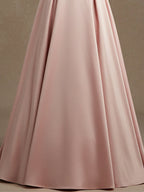 Pink A-line V-Neck Floor-Length Satin Lace Prom Dress With Sequins