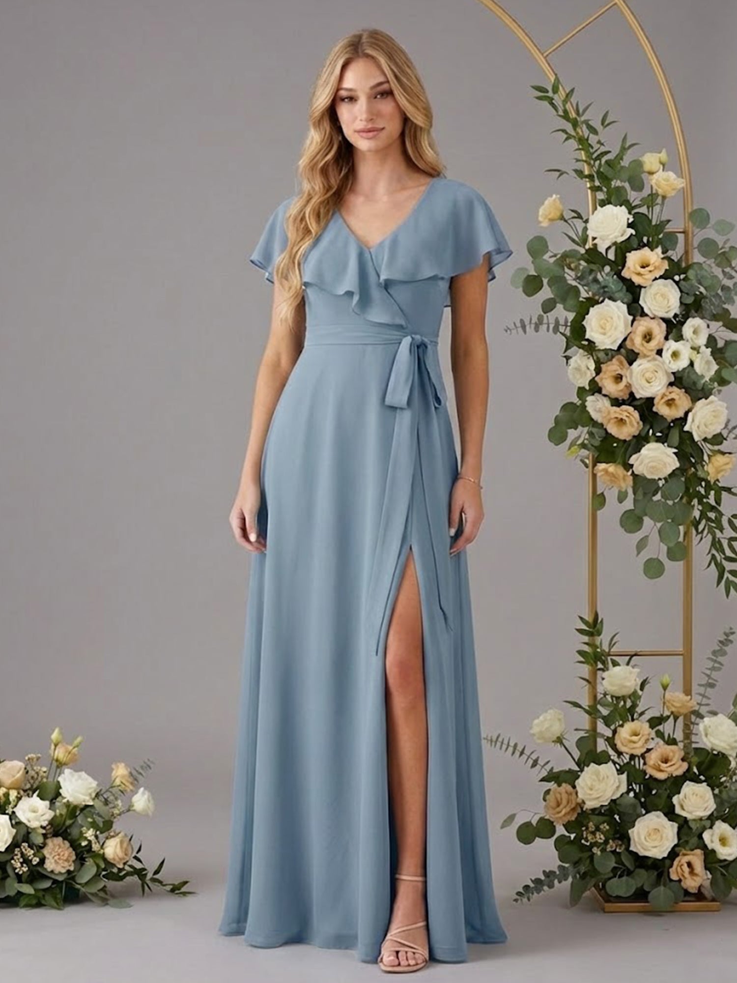 V Neck Ruffle Slit A Line Chiffon Long Bridesmaid Dresses with Belt
