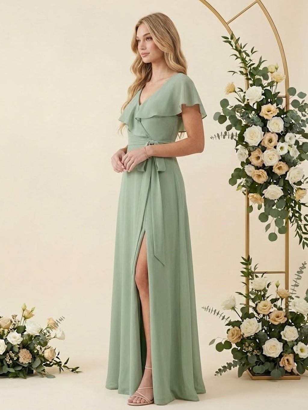 V Neck Ruffle Slit A Line Chiffon Long Bridesmaid Dresses with Belt