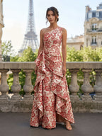 One-Shoulder Red Ivory Floral Brocade Cascading Mother of Bride Dress