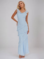 Blue Chiffon Sheath/Column Cowl Neck Sleeveless Floor Length Bridesmaid Dresses