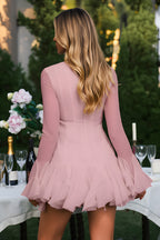 Chic Button Front Ruffled Flared Sleeve Mini Skater Dress