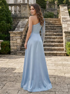 Dusty Blue One-Shoulder Sequin-Sleeve Satin Evening Dress
