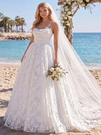 Lace Floral White A Line Spaghetti Straps Sweep Train Wedding Dress