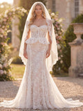 Mermaid White Lace Floral Corset Sweep Train Wedding Dress