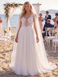 White A Line Floral Appliqued V Neck Floor-Length Wedding Dress