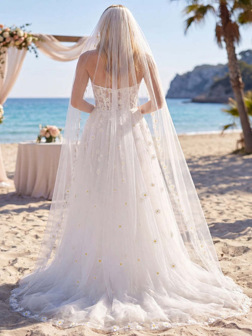 Vestido largo de boda en línea A blanco con corsé floral