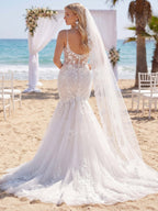 Spaghetti Straps White Lace Floral Floor-Length Beach Wedding Dress