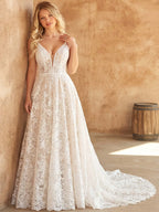 White A Line Lace V-Neck Backless Swep Train Wedding Dress